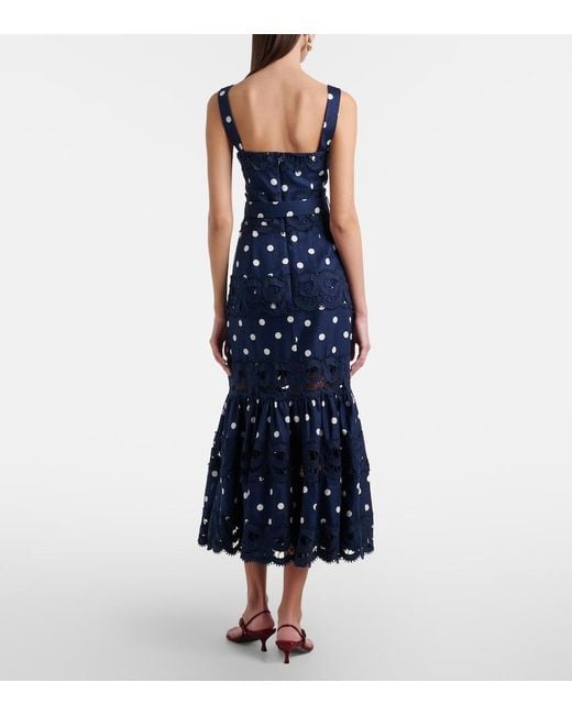 Self-Portrait Blue Polka-Dot Linen And Cotton Midi Dress