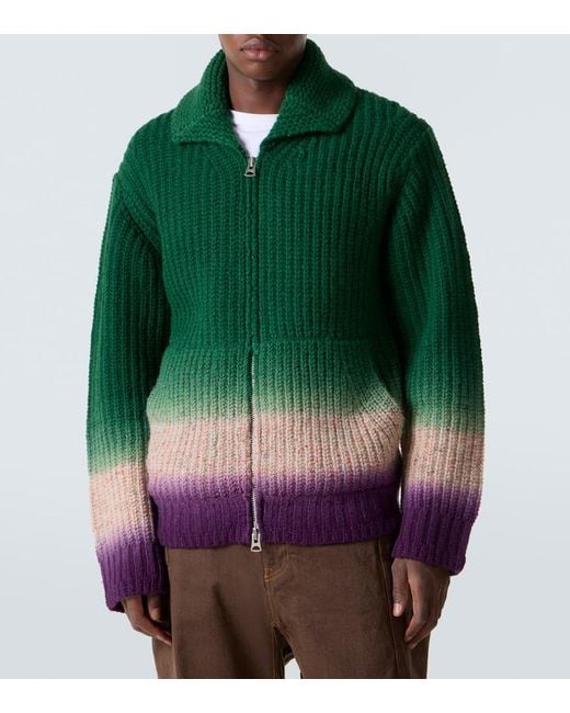 Sacai Green Ribbed-Knit Wool Zip-Up Cardigan for men