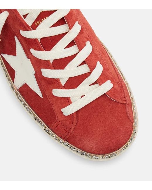 Golden Goose Deluxe Brand Red Hi Star Glitter-Trimmed Suede Sneakers