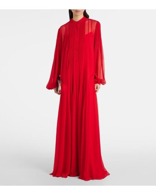 Costarellos Red Clarinda Pleated Silk Georgette Maxi Dress