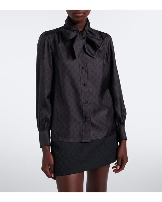 Gucci Black Gg Tie-Neck Silk Twill Blouse