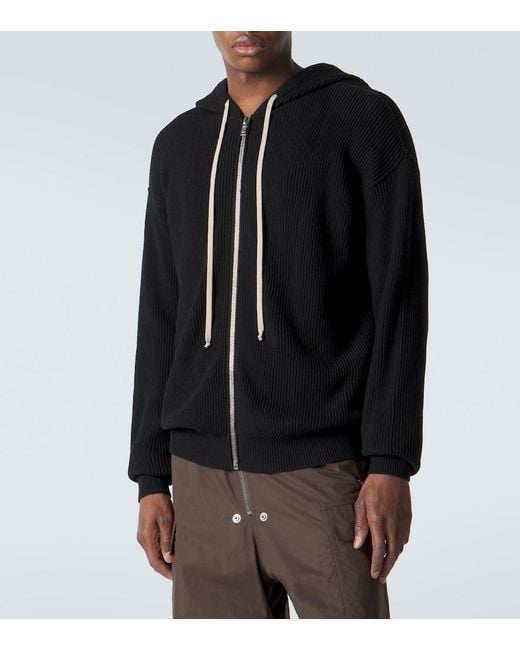 Rick Owens Black Ribbed-Knit Virgin Wool Hoodie for men
