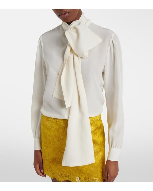 Saint Laurent White Tie-Neck Silk Blouse