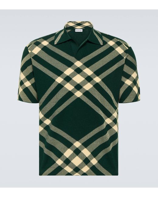 Burberry Green Checked Wool-blend Polo Shirt for men