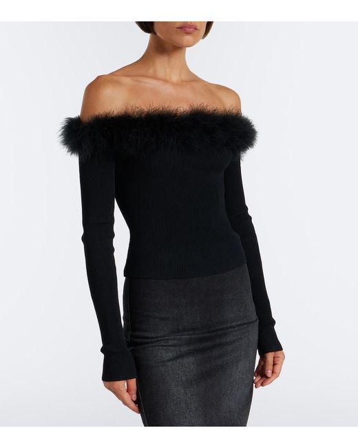 Gucci Black Feather-Trimmed Ribbed-Knit Top