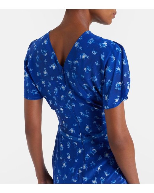 Victoria Beckham Blue Bela Floral Gathered Silk Midi Dress