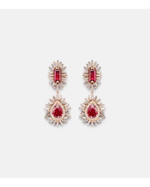 Suzanne Kalan Pink Doublet 18Kt Rose Drop Earrings With Rubies And Diamonds