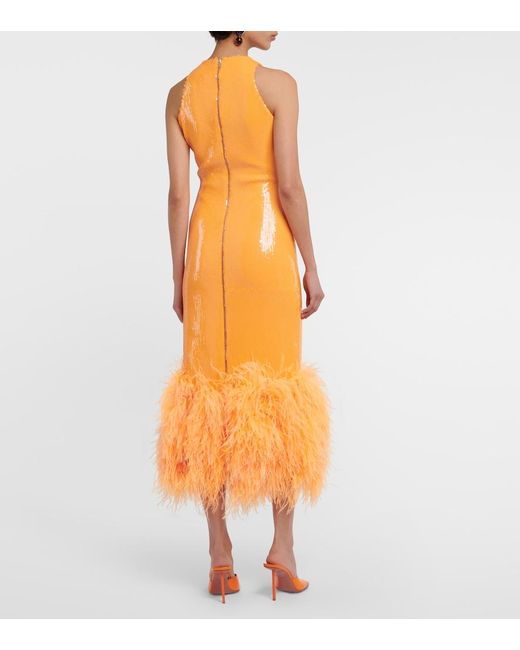 David Koma Feather-trimmed Sequined Midi Dress in Orange | Lyst