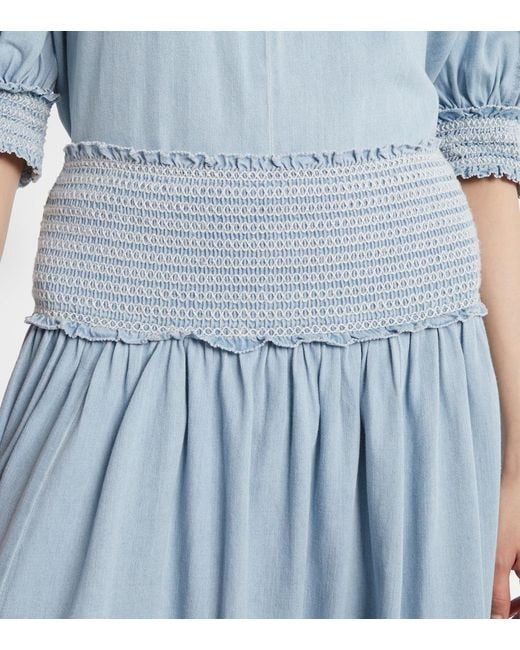 Zimmermann Blue Ascension Shirred Denim Midi Skirt