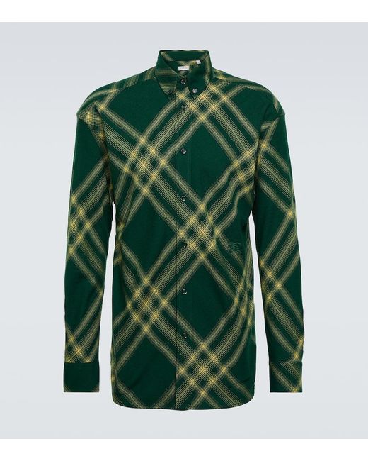Camicia in lana Check di Burberry in Green da Uomo