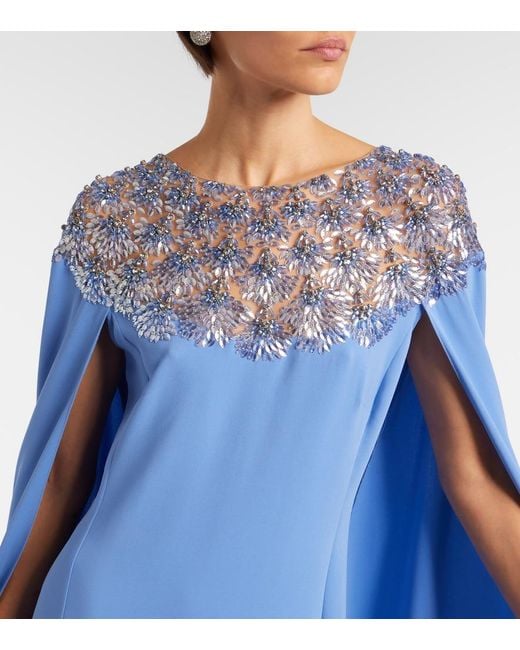 Oscar de la Renta Blue Embellished Caped Silk-Blend Gown