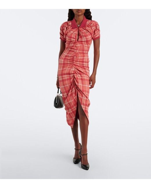 Vivienne Westwood Red Pulling Checked Ruched Cotton Midi Dress