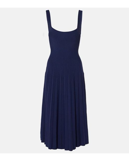 Staud Blue Ellison Pleated Compact-Knit Midi Dress