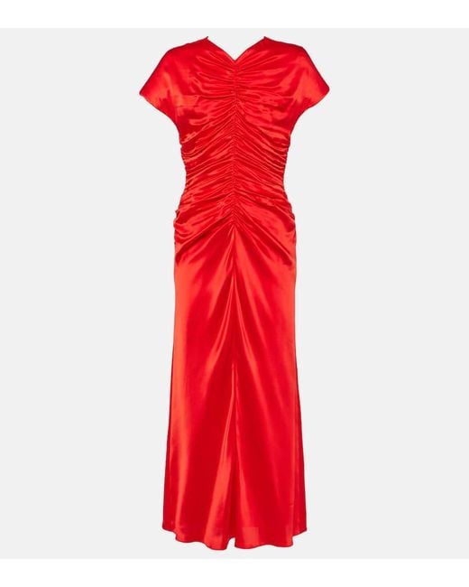 TOVE Red Aubree Ruched Silk Midi Dress