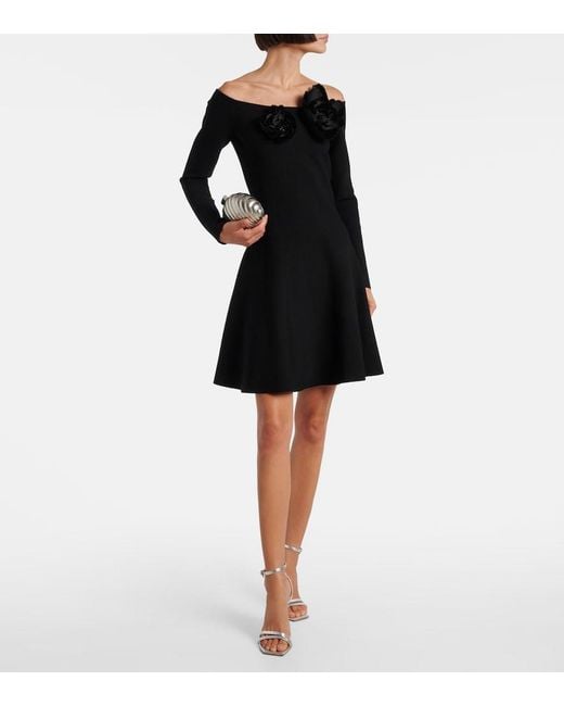 Oscar de la Renta Black Floral-Applique Off-Shoulder Minidress