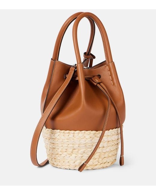 Tod's Brown Bux Raffia-Trimmed Leather Bucket Bag