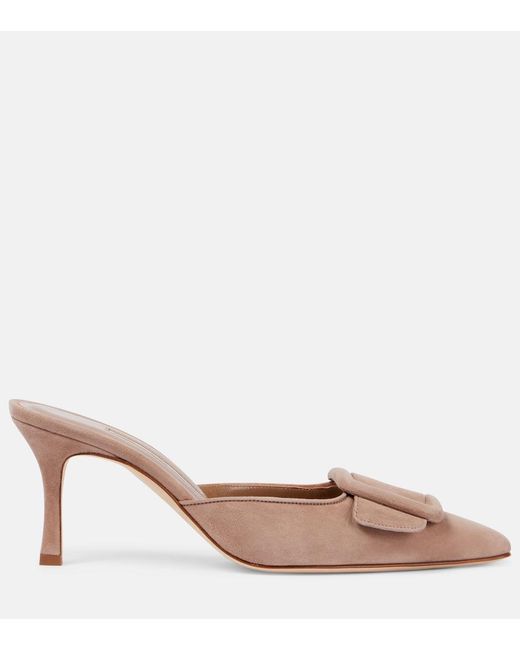 Manolo Blahnik Natural Maysale 70 Suede Mules