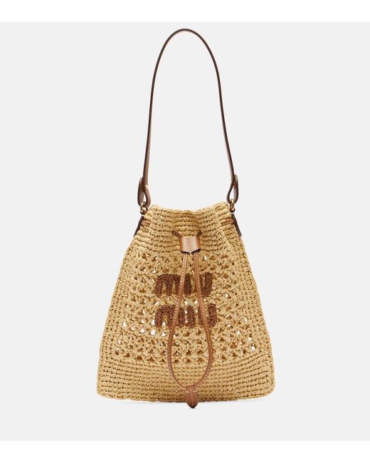 Miu Miu Metallic Logo Leather-Trimmed Raffia Bucket Bag