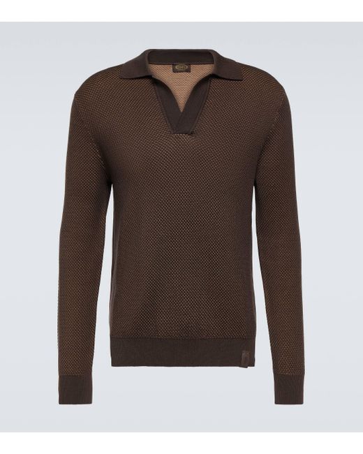 Tod's Brown Silk Pique Polo Sweater for men
