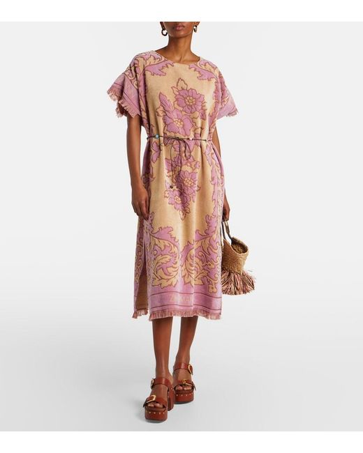 Zimmermann Pink Aster Floral Fringed Cotton Terry Midi Dress