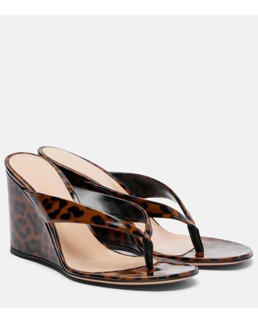 Gianvito Rossi Brown Leopard-Print Leather Wedge Thong Sandals