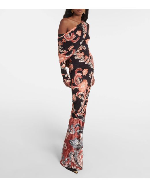 Etro Red Floral Draped Asymmetric Midi Dress