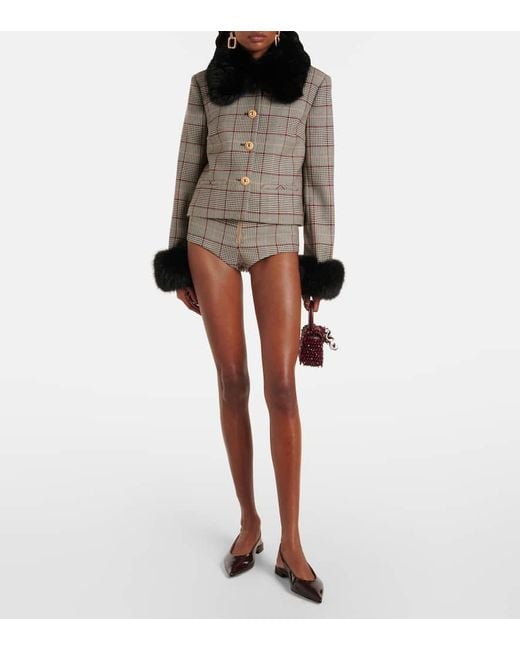 Self-Portrait Black Checked Faux Fur-Trimmed Jacket