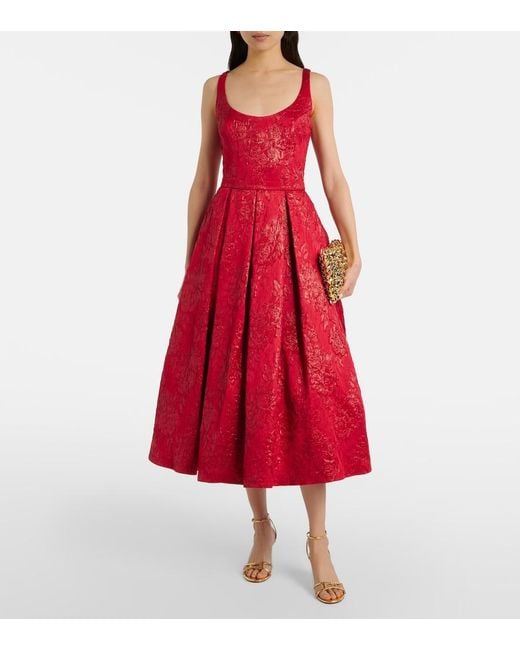 Safiyaa Red Asher Floral Jacquard Midi Dress
