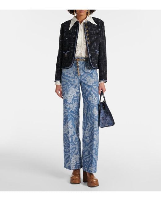 Etro Blue Printed Cotton And Linen Wide-Leg Pants