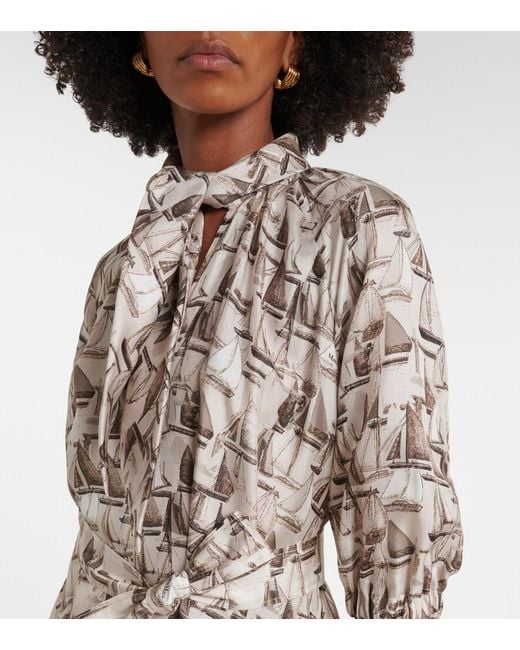 Max Mara White Printed Tie-Neck Silk Twill Midi Dress