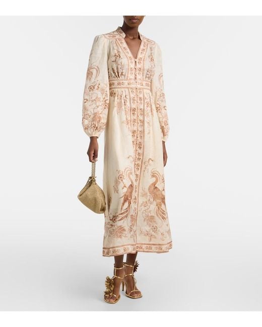 Zimmermann Natural Indra Floral Linen Midi Dress