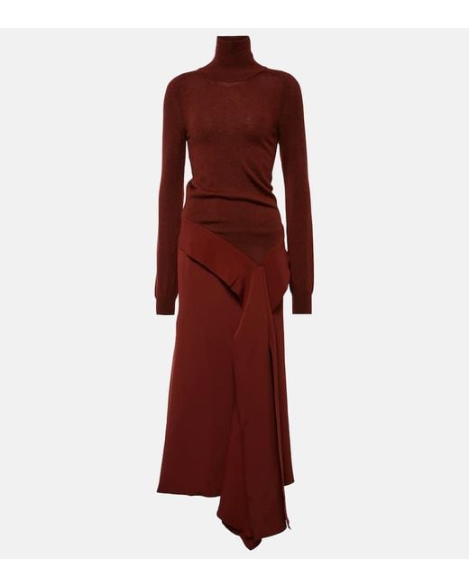 Victoria Beckham Red Turtleneck Wool And Crepe Midi Dress