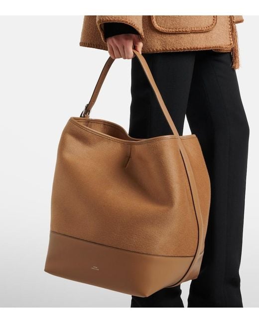 Totême  Brown Belted Leather-Trimmed Wool Tote Bag