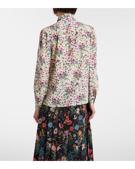 Gucci White Floral Tie-Neck Silk Shirt