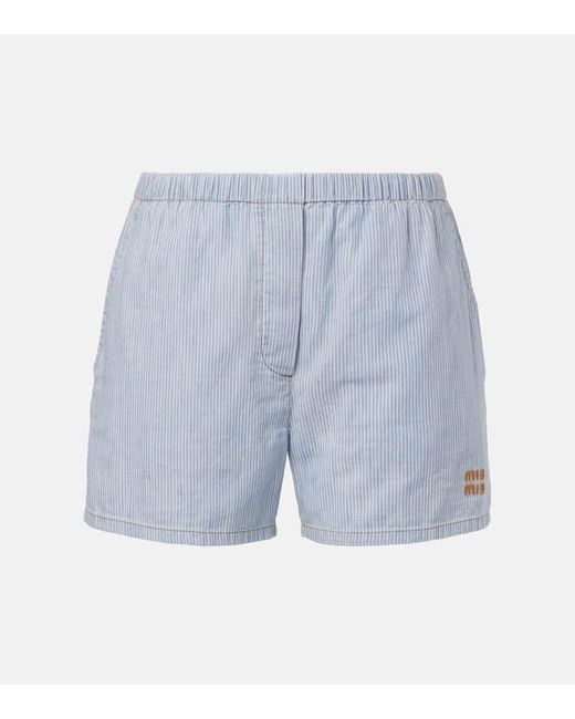 Shorts De Algodon A Rayas Con Logo Miu Miu de color Blue