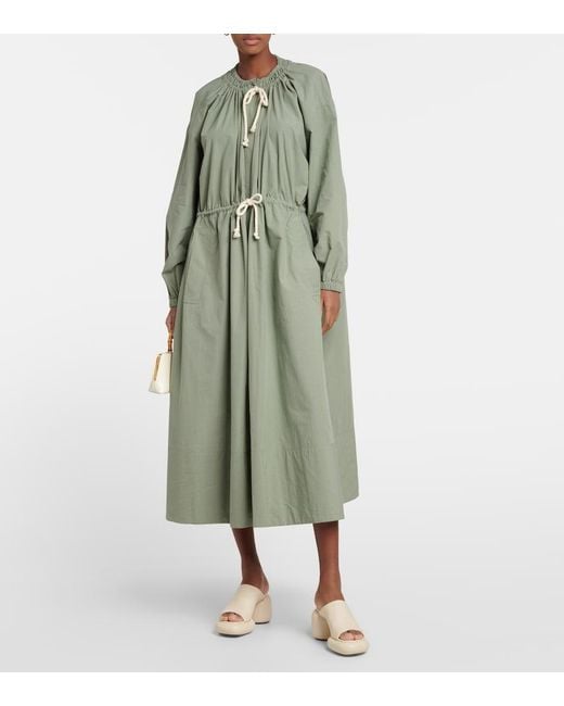 Jil Sander Green Drawstring Cotton Poplin Midi Dress