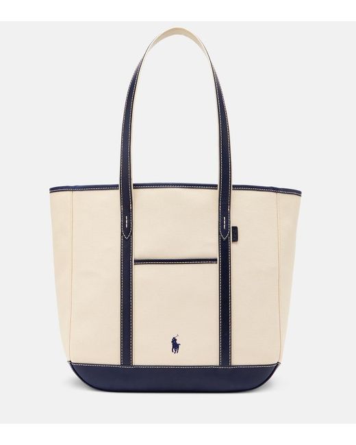 Polo Ralph Lauren White Leather-Trimmed Canvas Tote Bag