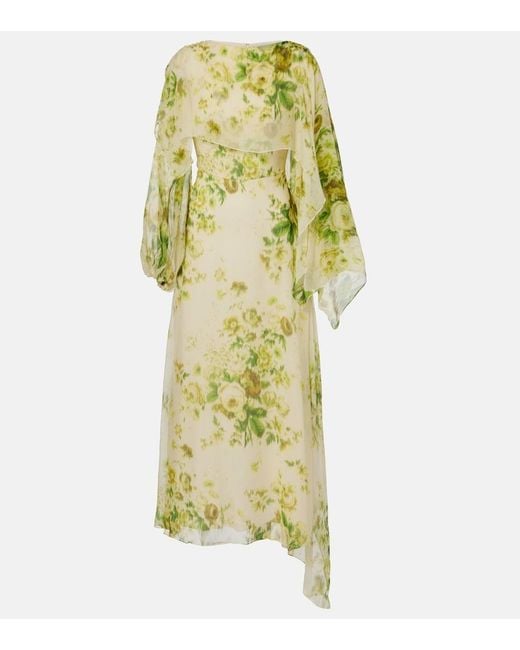 Erdem Yellow Draped Floral Silk Creponne Midi Dress
