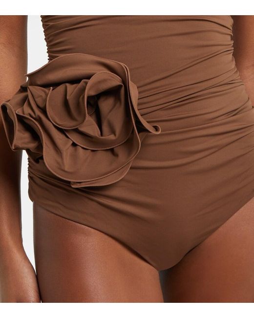 Magda Butrym Brown Floral-Applique Ruched Swimsuit