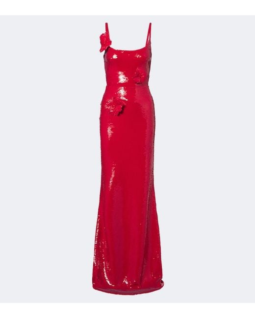 David Koma Red Floral-Applique Sequined Gown