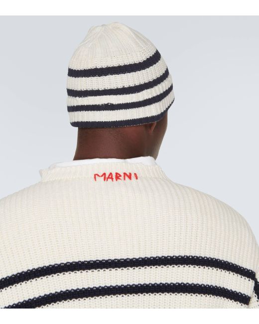 Marni White Striped Virgin Wool Beanie for men