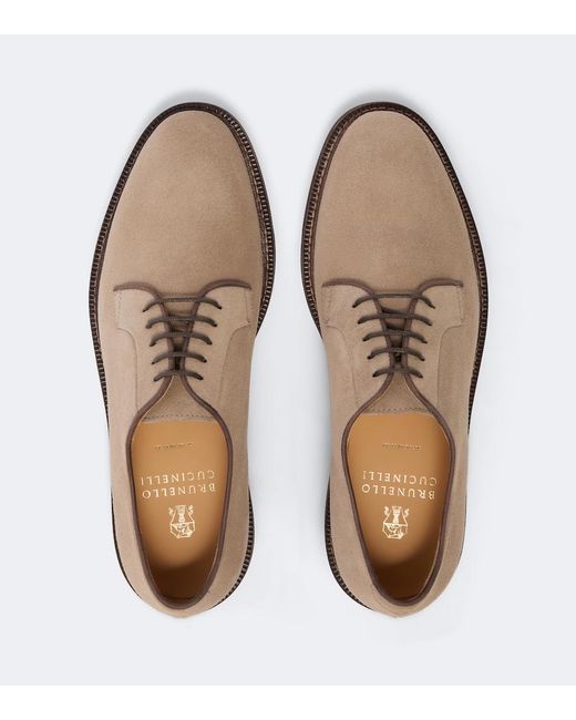 Brunello Cucinelli Brown Suede Derby Shoes for men