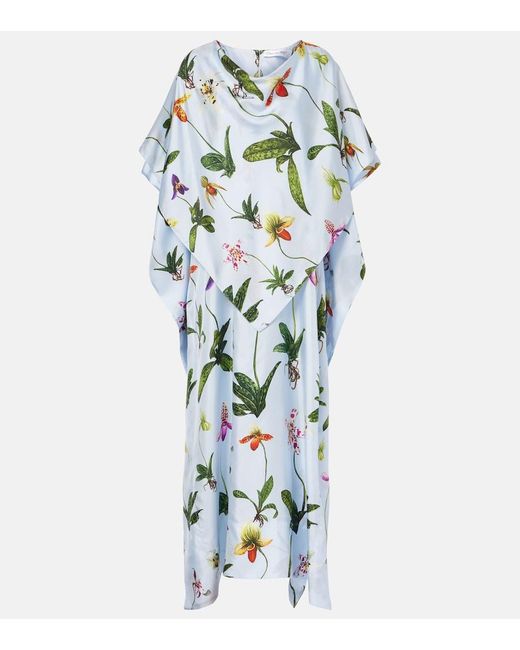 Oscar de la Renta Blue Floral Silk Twill Kaftan