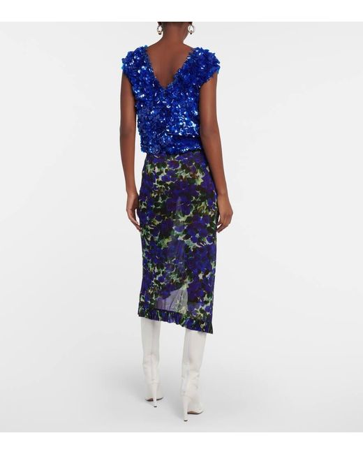 Dries Van Noten Blue Bedruckter Midirock Aus Satin