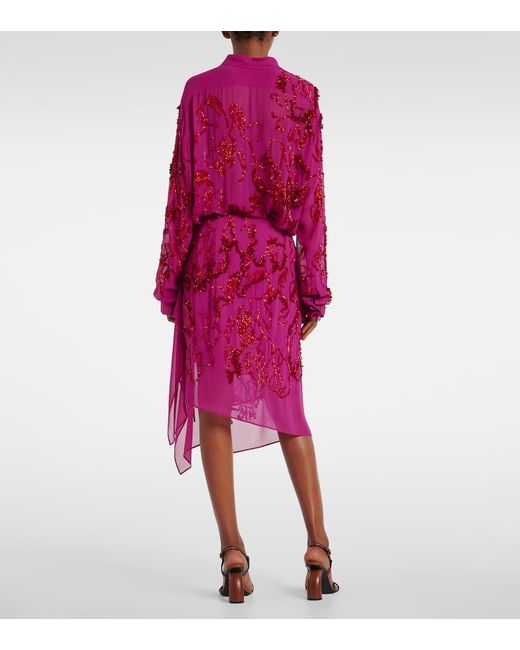 Falda Midi De Chifon Drapeada Con Lentejuelas Dries Van Noten de color Pink