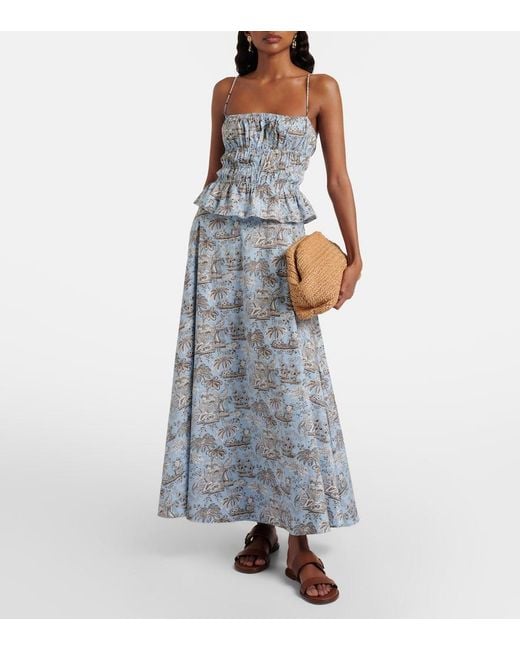 Staud Blue Floral Cotton Midi Skirt
