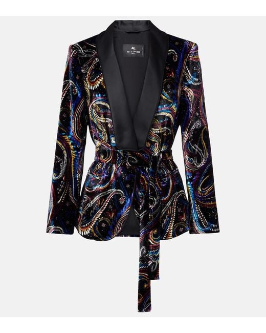 Etro Blue Belted Velvet Jacquard Blazer