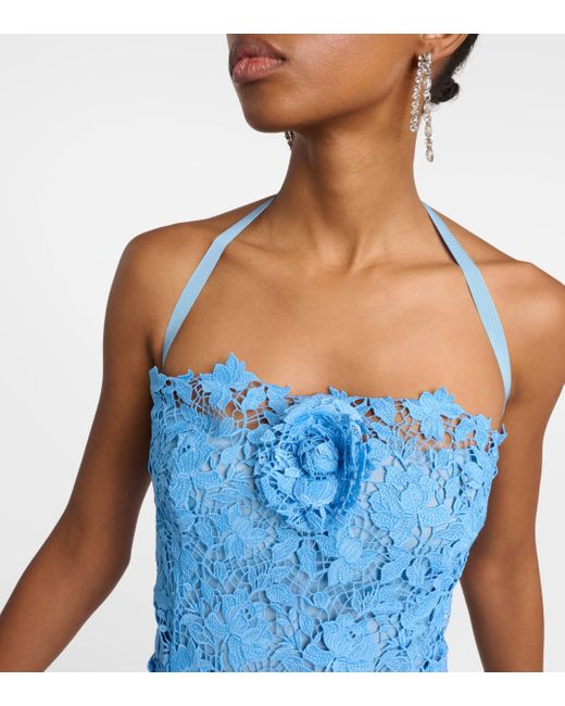 Oscar de la Renta Blue Floral-applique Guipure Lace Gown