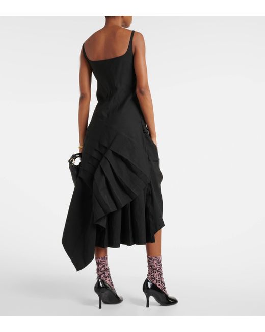 Dries Van Noten Black Draped Pleated Linen And Cotton Midi Dress