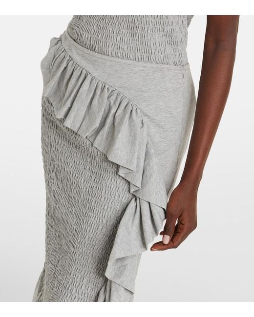 Dries Van Noten Gray Ruffled Smocked Cotton Midi Skirt